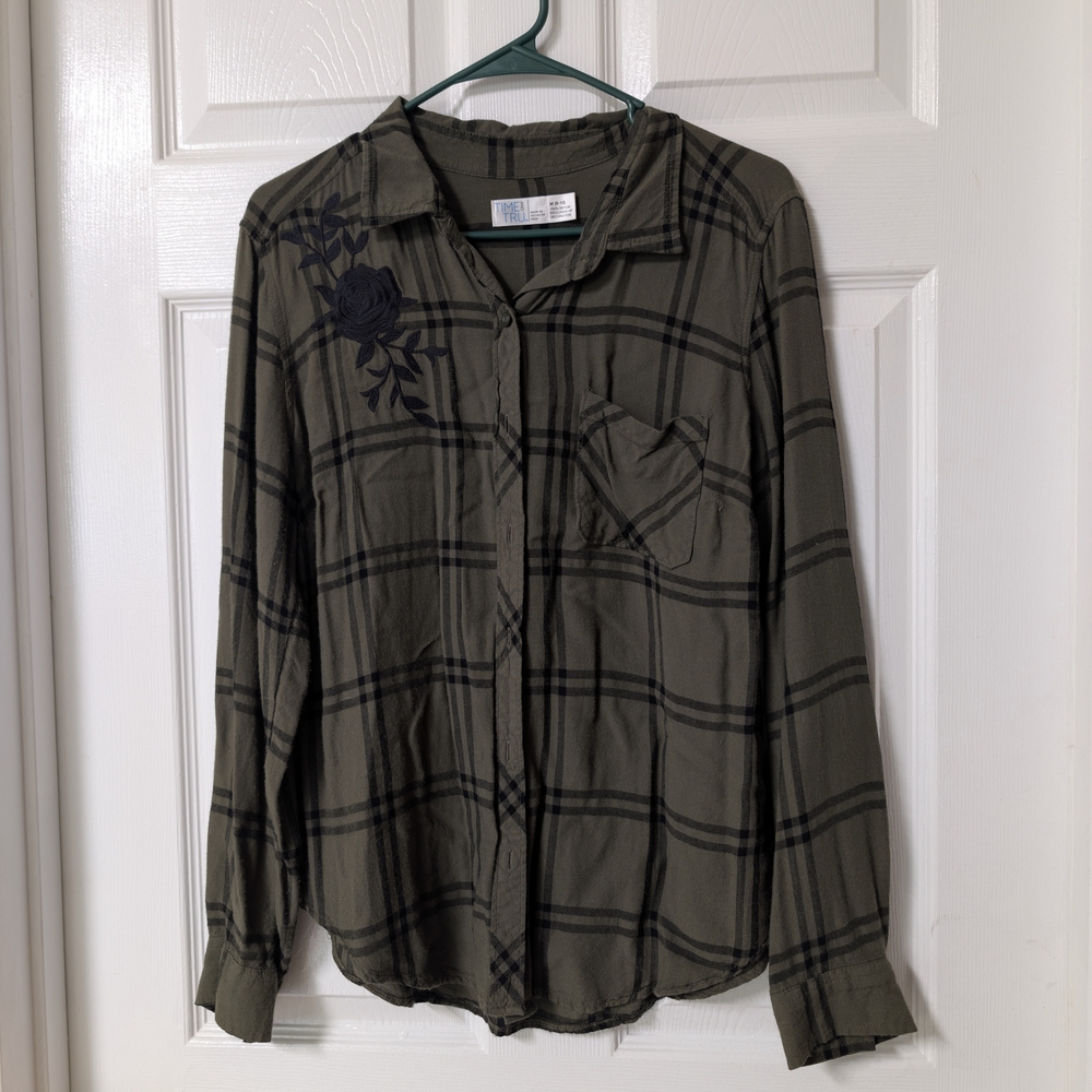 Olive Green Plaid Button-Up Shirt